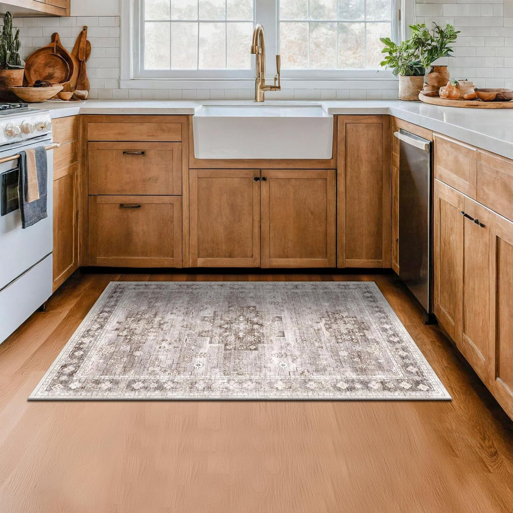 Regine Switzerland Washable Large Entryway Rug - Non-Slip Boho Vintage Floral Design | 3x4 Beige/Latte