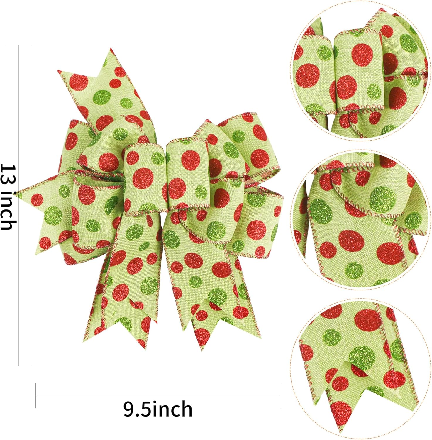SIMISI Ribbon Christmas Bow - Rustic Green & Red Dots Burlap Decor for Wreaths & Trees | 9.5 x 13 Inch
