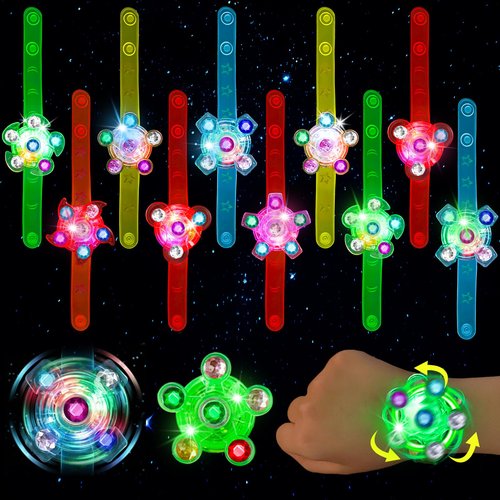 LovesTown 24 Pack LED Light Up Fidget Spinner Bracelets for Kids Ages 3-12, 6 Styles Party Favors Pack, Stocking Stuffers New Year Birthday Goodie Bags, Party Size