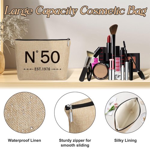 YeohJoy 50th Birthday Gifts for Women Jute Tote Bag, Vintage N°50 Burlap Handbag with Cosmetic Bag and Back in 1976 Poster, Unique 50 Years Old Gifts for Mom Friends Wife Sister Her