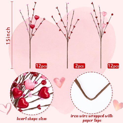 Yen Jean 26Pcs Valentines Decorations Day Artificial Flowers Picks Decor - Berry Stems with Red Pink Heart Gifts for The Home Table Centerpieces - Style 2