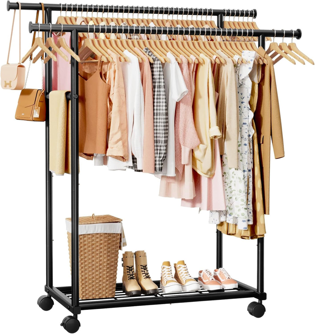 Sakugi Metal Clothes Rack - Double Rod Design with Rolling Wheels & Built-In Shelf | 38.5" x 16.9" x 59.0", Black