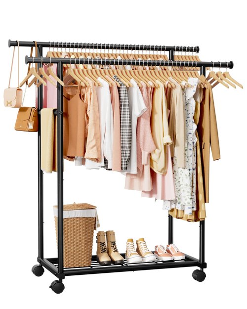 Sakugi Metal Clothes Rack - Double Rod Clothing Rack with Fixed Extension Rod & Universal Wheels, Coat Rack with Built-In Shelf for Closet Organizers and Storage (38.5" x 16.9" x 59.0", Black)