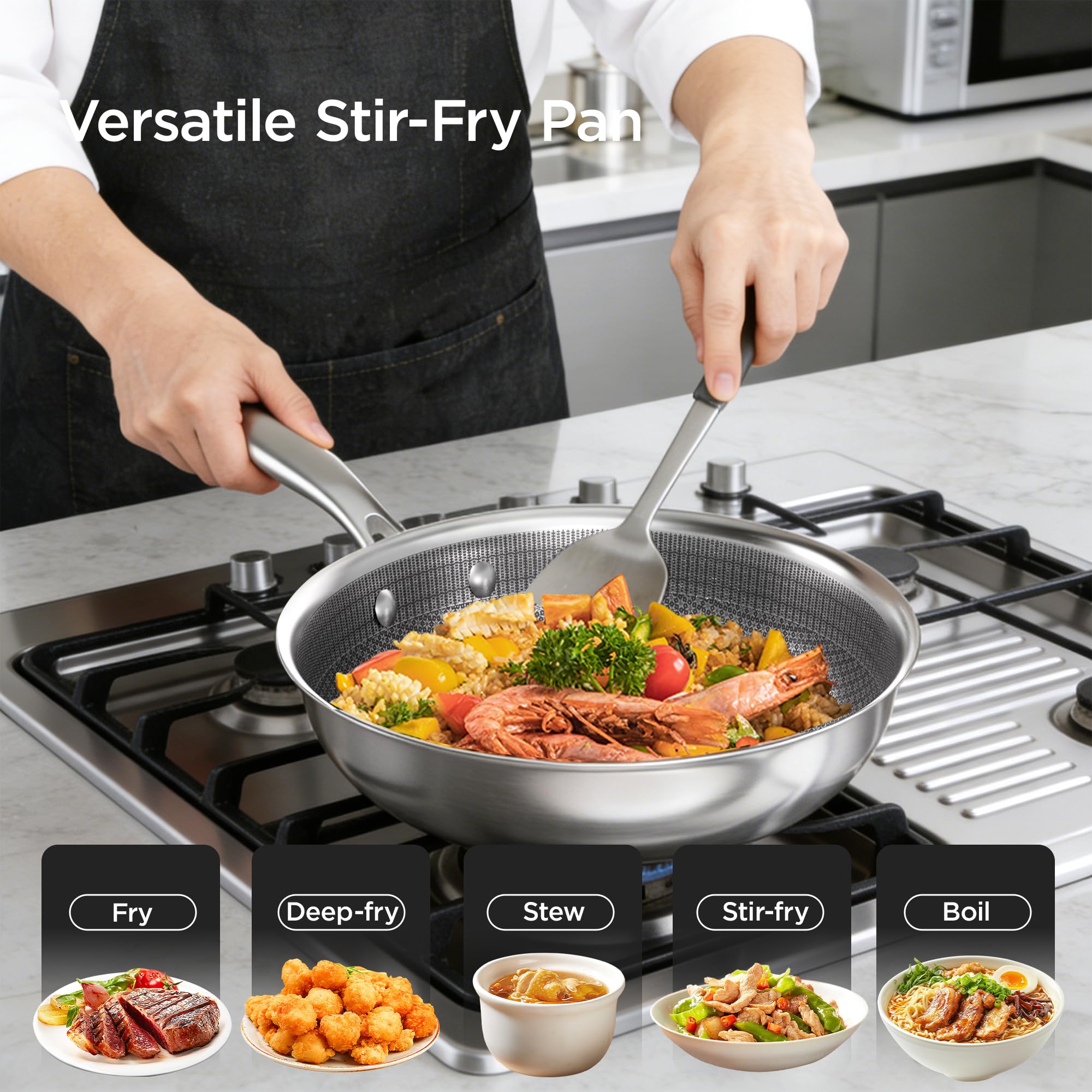 COOKER KING 10-Inch Hybrid Stainless Steel Wok with Lid, Nonstick Stir Fry Pan & Deep Frying Pan, Tri-Ply Clad Honeycomb Everyday Pan, Induction Ready, Oven & Dishwasher Safe, PFOA Free
