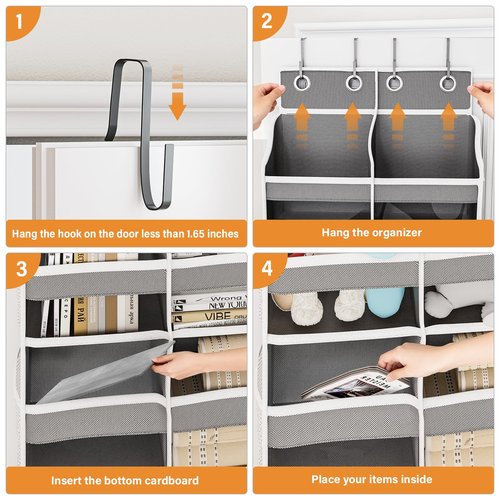 Abiglifty 5-Tier Over The Door Organizer with 10 Side Pockets, Large Behind The Door Storage, 4 Hooks Design, Door Organizer with Clear Windows for Bathroom, Bedroom, Nursery, Entryway(Grey)