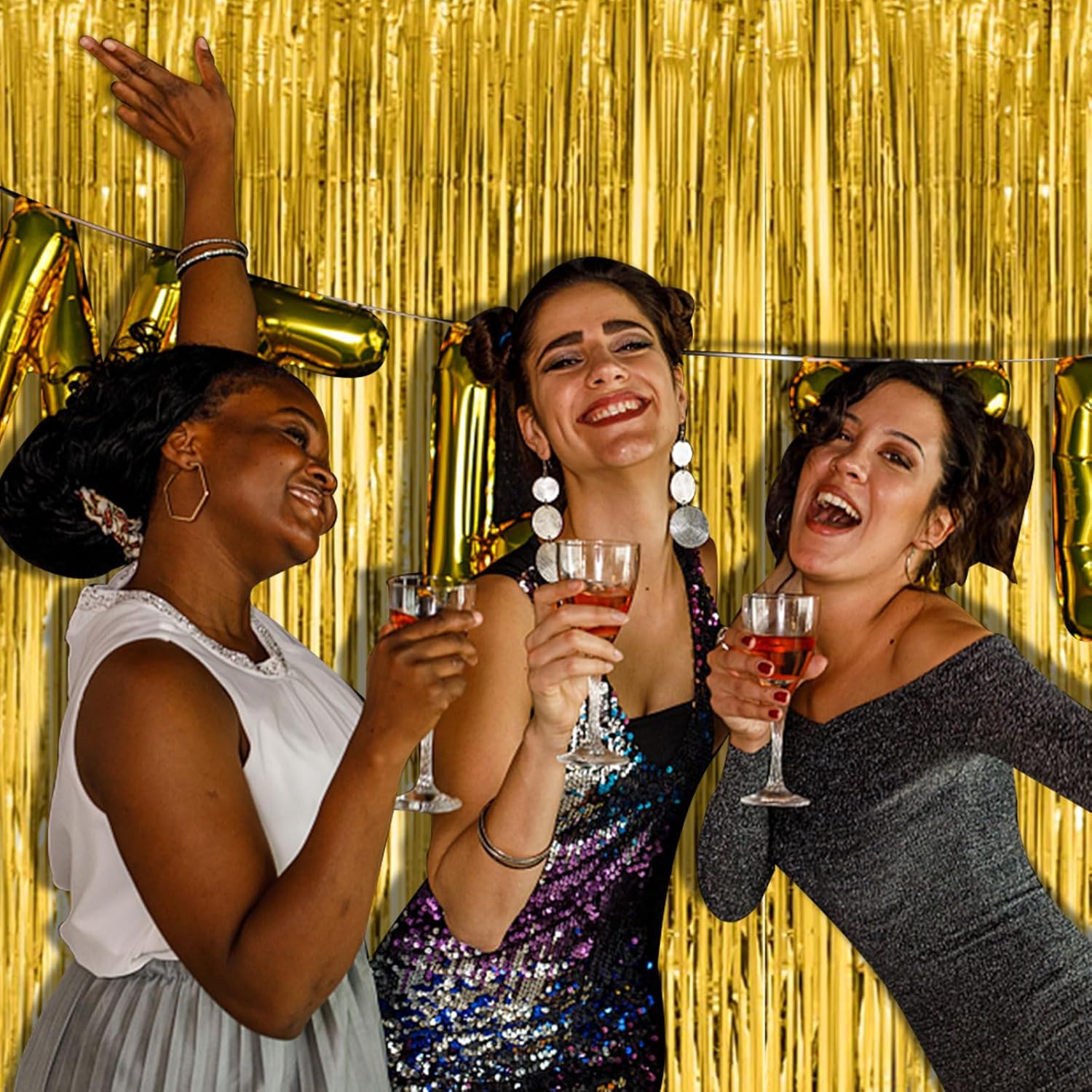Skiennix Gold Fringe Curtain Backdrop - 2 Pack Tinsel Streamers for Parties & Events | Perfect for Birthdays, Christmas, Halloween, & Graduations