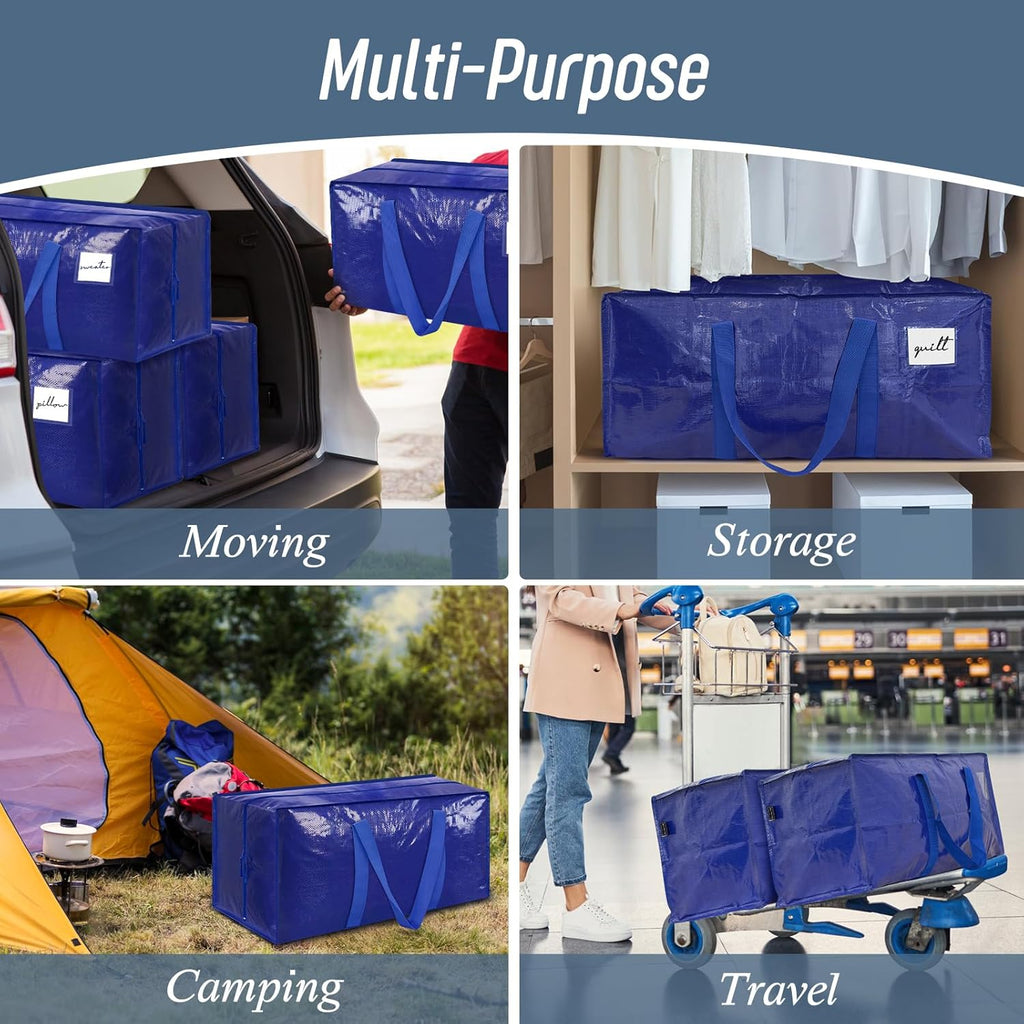 Skiennix Extra Heavy Duty Moving Bags - Large Sturdy Storage Totes with Strong Zipper & Comfortable Handles | 6 Pack, Blue