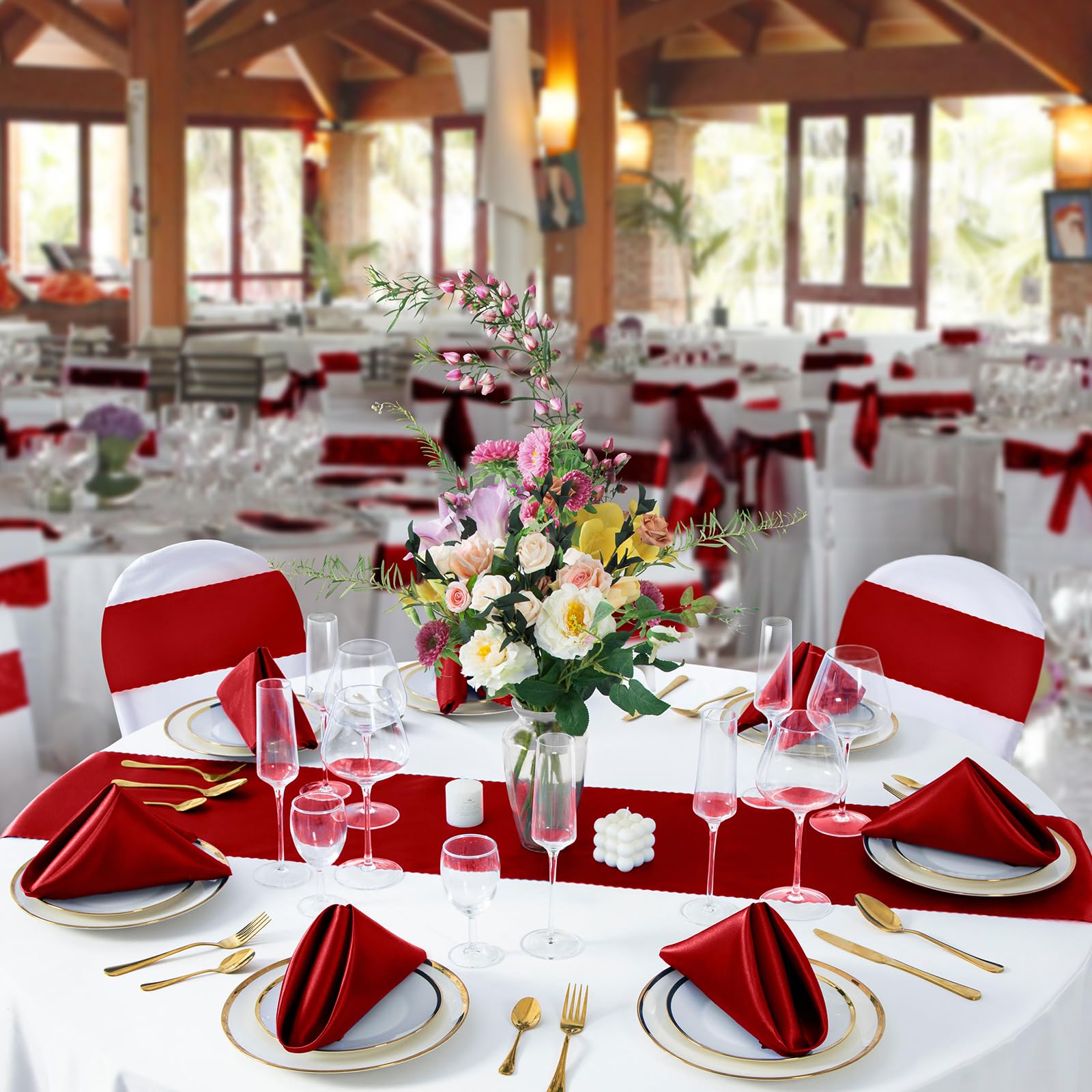 Horbaunal 100 Pack Satin Napkins 17" x 17" Square Dinner Napkins with Elegant Lace, Soft Cloth Napkins for Parties, Weddings, Events, Red