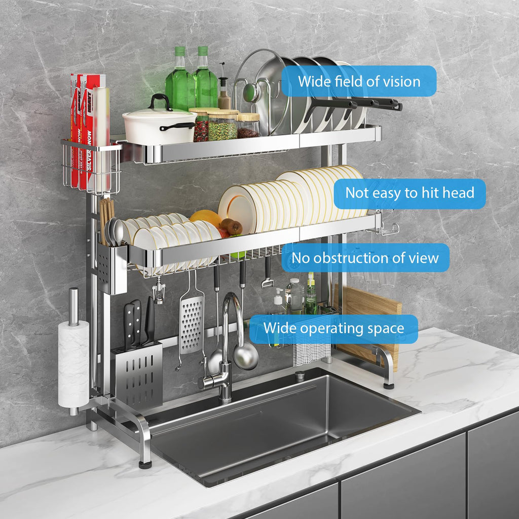 Shrivee Over The Sink Dish Drainer Drying Rack, Full Stainless Steel 3-Tier Adjustable Length Over Sink Dish Drying Rack, Large Capacity Dish Rack Over Sink for Kitchen Counter, Pots & Pans Rack