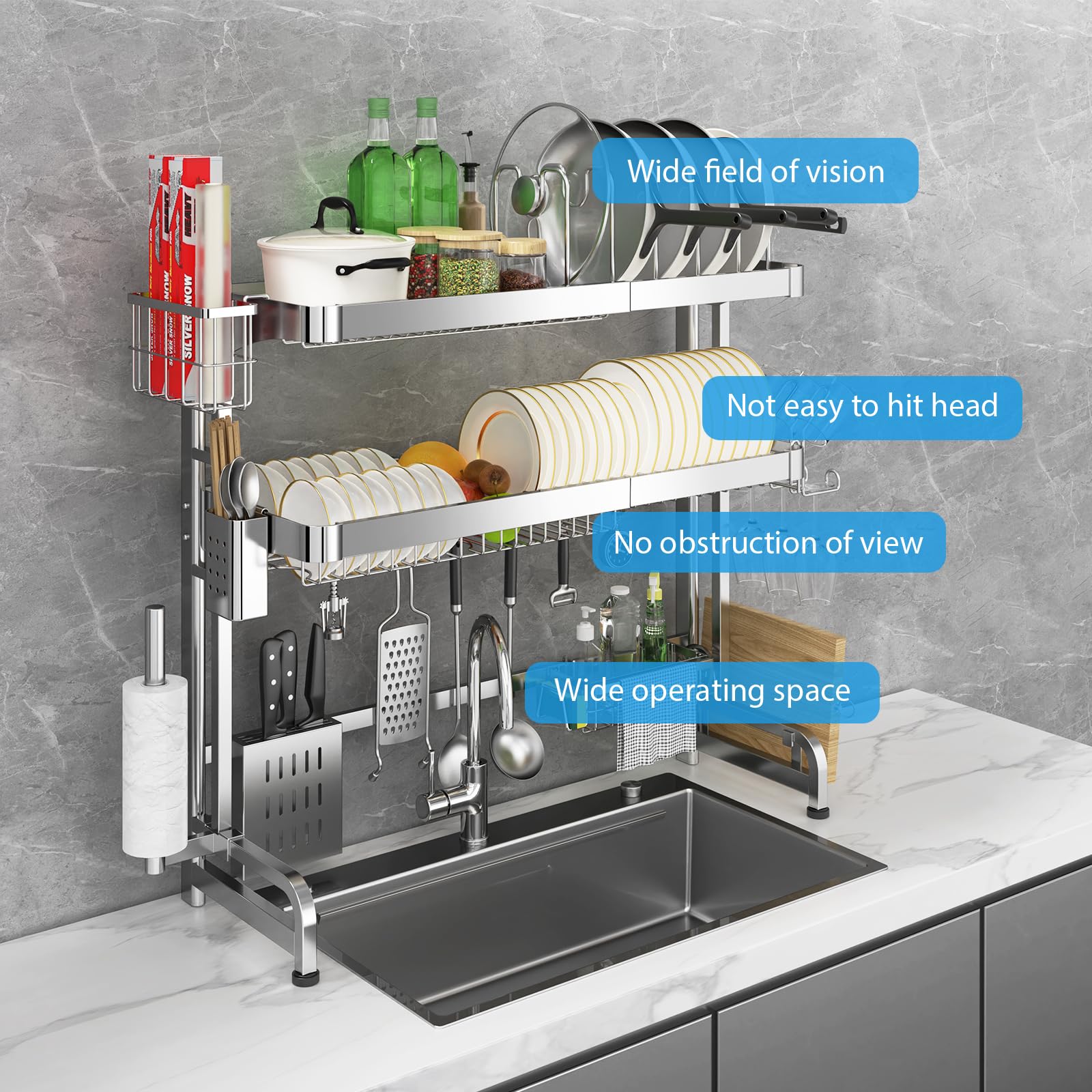 Shrivee Over The Sink Dish Drainer Drying Rack, Full Stainless Steel 3-Tier Adjustable Length Over Sink Dish Drying Rack, Large Capacity Dish Rack Over Sink for Kitchen Counter, Pots & Pans Rack