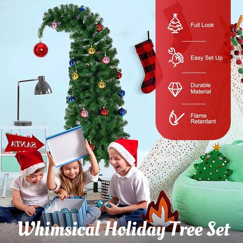 Hatisan 6FT Artificial Christmas Tree - Bent Green Design with Ball Ornaments & Metal Base | Holiday Decor