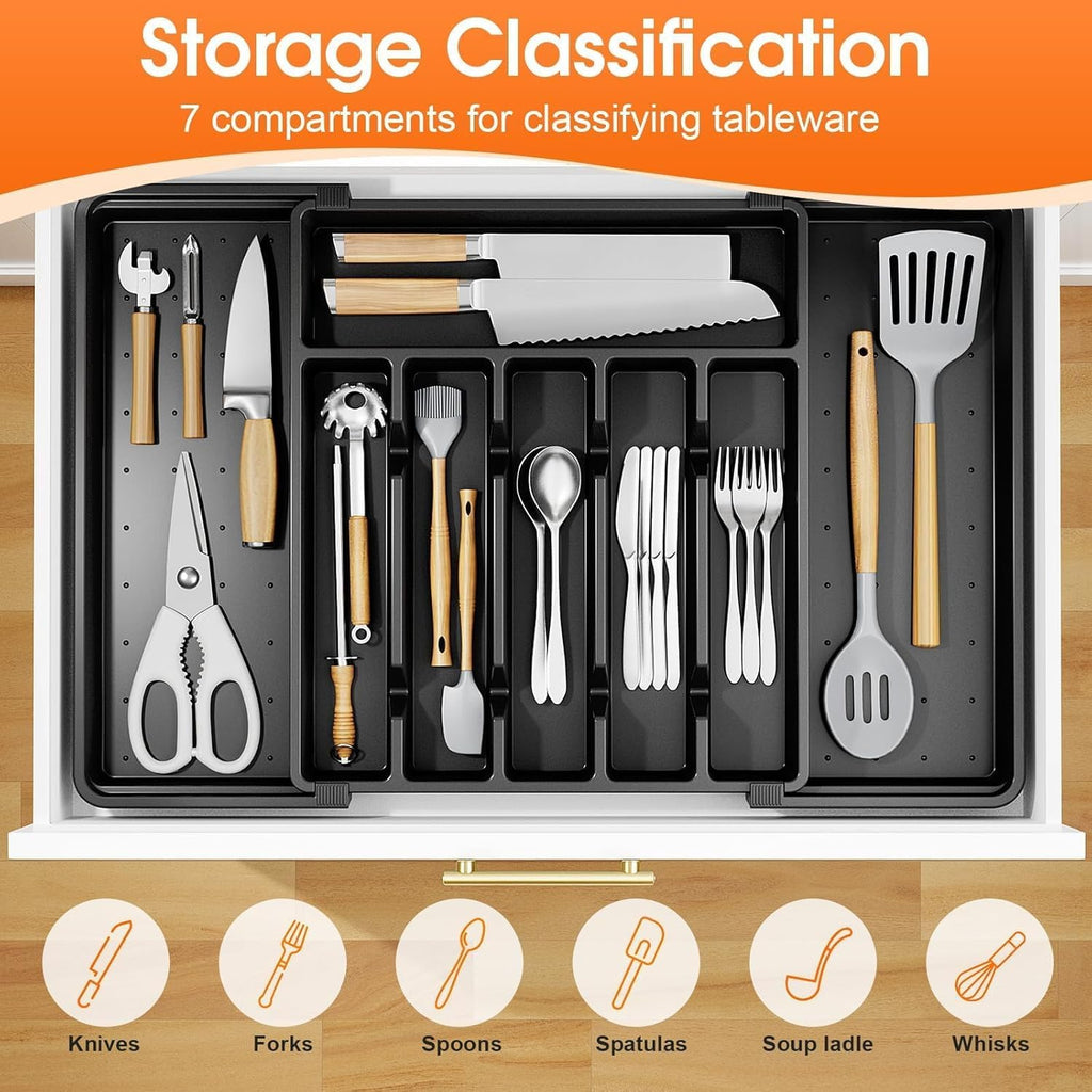 SpaceHacks Adjustable Silverware Organizer - Expandable Utensil Holder for Kitchen Drawers, Large, Black