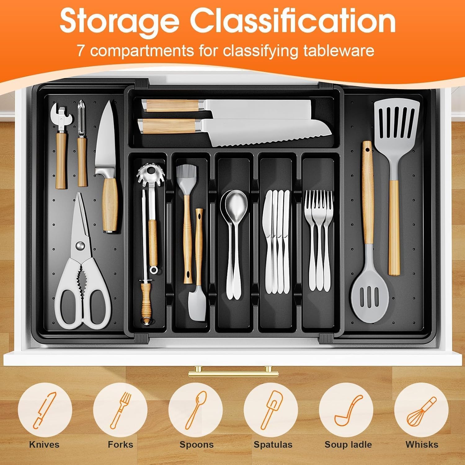 SpaceHacks Adjustable Silverware Organizer - Expandable Utensil Holder for Kitchen Drawers, Large, Black