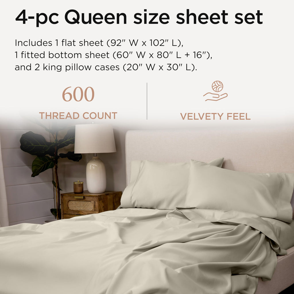Threadmill Queen Sheet Set | 600 Thread Count Queen Bed Sheets for Queen Mattress with 16” Deep Pocket | Sateen Weave 4-Piece Bedding Set with Cooling Effect | Taupe