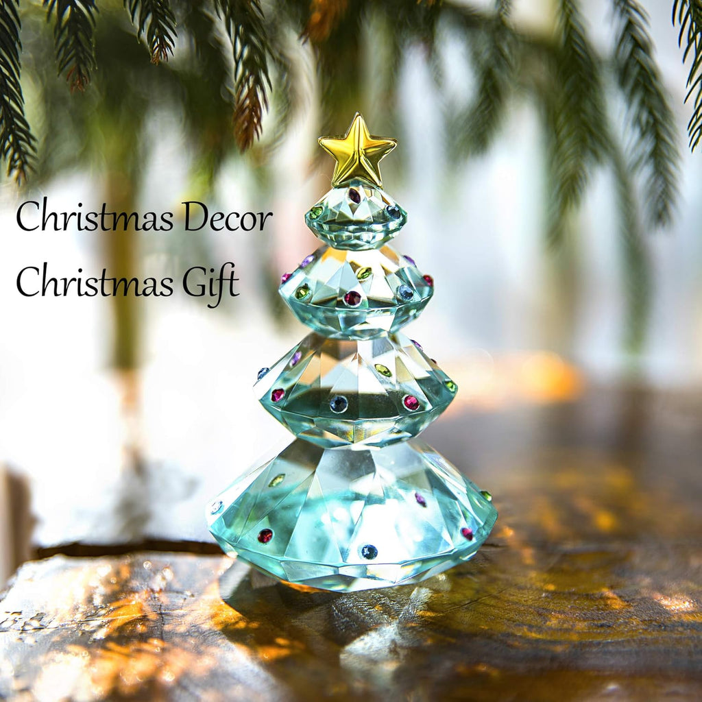 QFkris Crystal Christmas Tree Figurine - 3.5" Glass Paperweight Table Ornament | Blue Holiday Gift