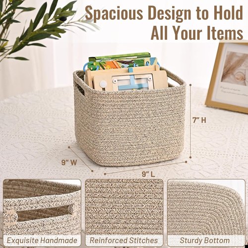 **Jute 3-Pack Cube Storage Bins - 9”x9”x7” Cotton Rope Baskets for Organizing Toys, Clothes & More**