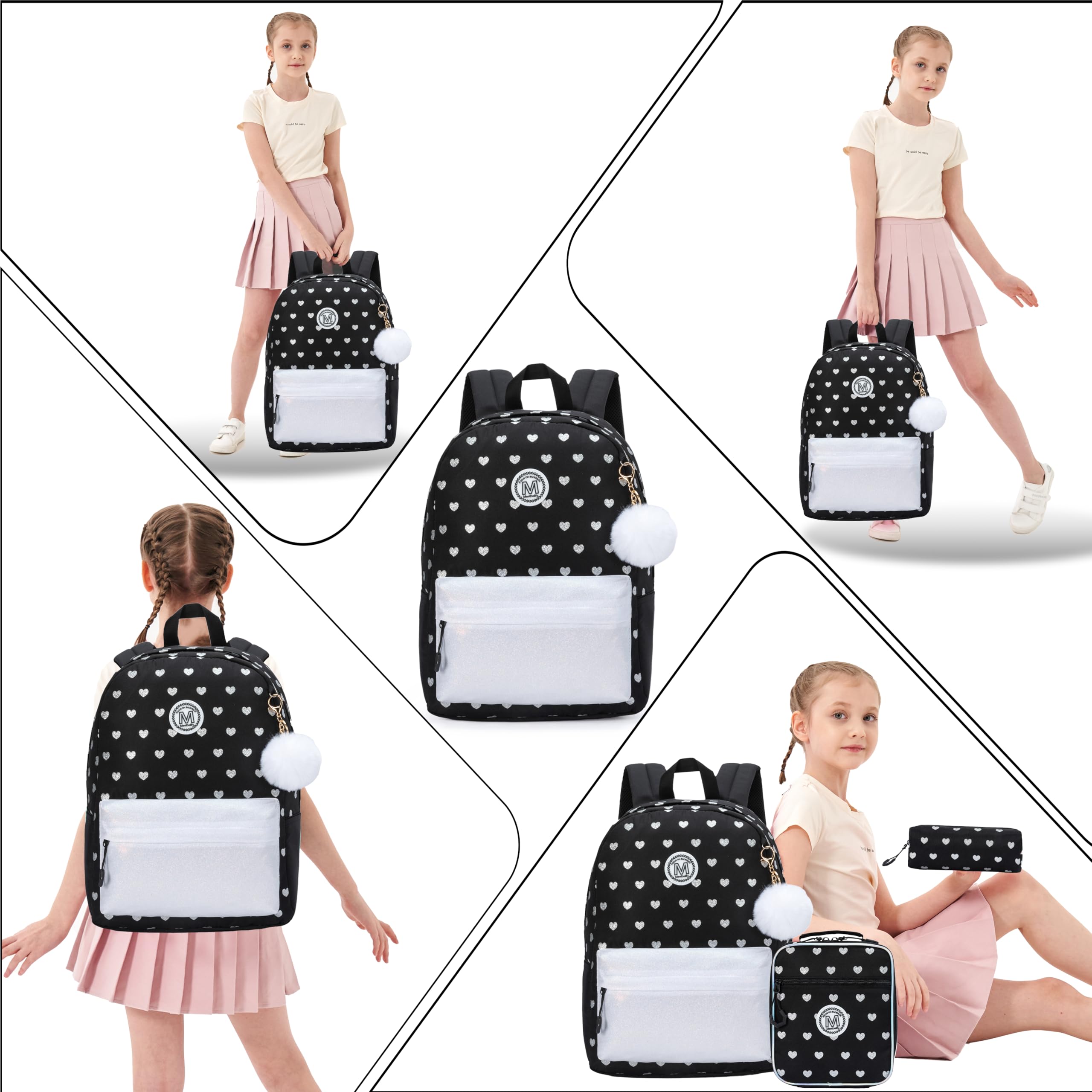 ZBAOGTW Backpack for School Girls Backpack for Girls Travel Backpacks Black Laptop Backpacks Schoolbags for Kids Backpacks Ages 8-10 with Lunch Box Pencil Case Sets for Elementary High School Girl