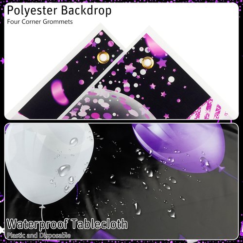 Black and Purple Birthday Decorations Kit, Purple and Black Party Decorations - Purple Happy Birthday Backdrop Banner, Balloon Arch, Tablecloth, Fringe Curtain for Women Girls Kids Celebration