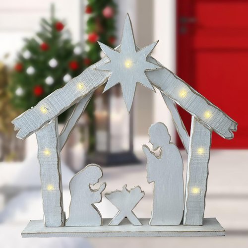 Hi-Line Gift Ltd 30-Inch Lighted Wooden Nativity Family - Battery Operated Christmas Decor with Timer