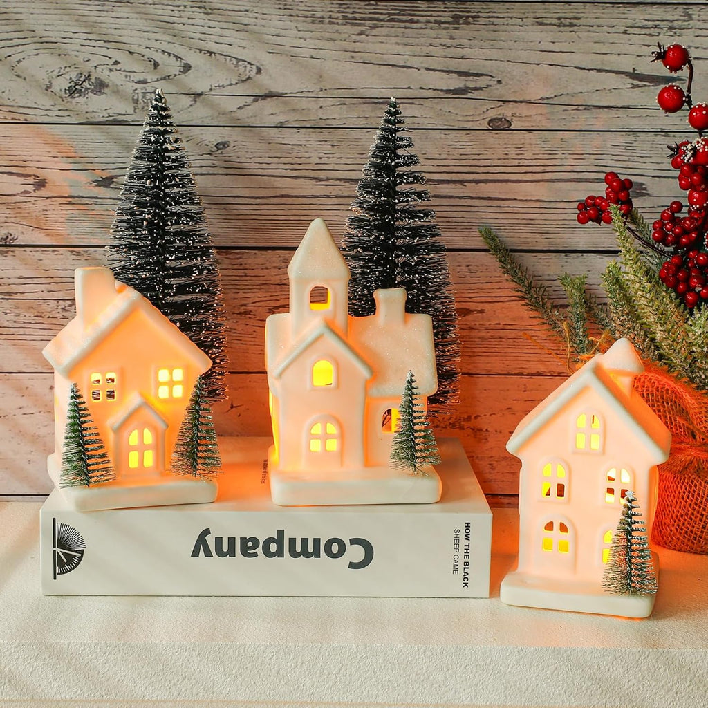 Skiennix Christmas Village Set - 5 LED Lighted Ceramic Houses with 2 Decorative Trees | Holiday Home Decor
