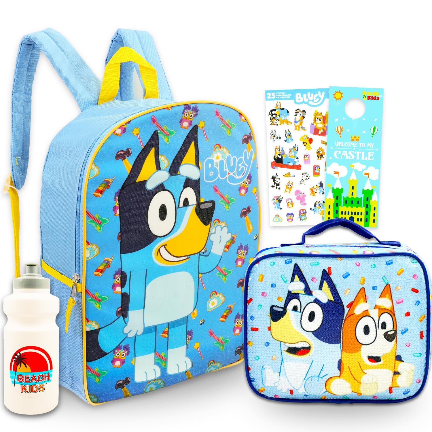 Bluey Backpack with Lunch Bag for Kids, Boys, Girls - Bundle with 15” School Bag, Lunch Box, Water Bottle, Stickers, More | Bluey Backpack and Lunchbox Set