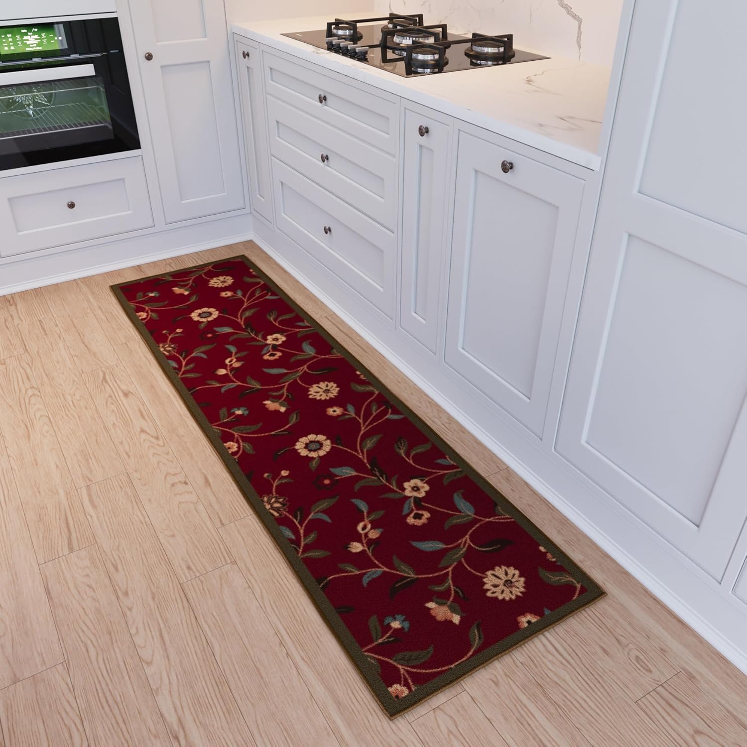 Ottomanson Hallway Runner Rug - Non-Slip Floral Design | Easy to Clean 1'10" x 6' Red Carpet for Entryway & Living Room