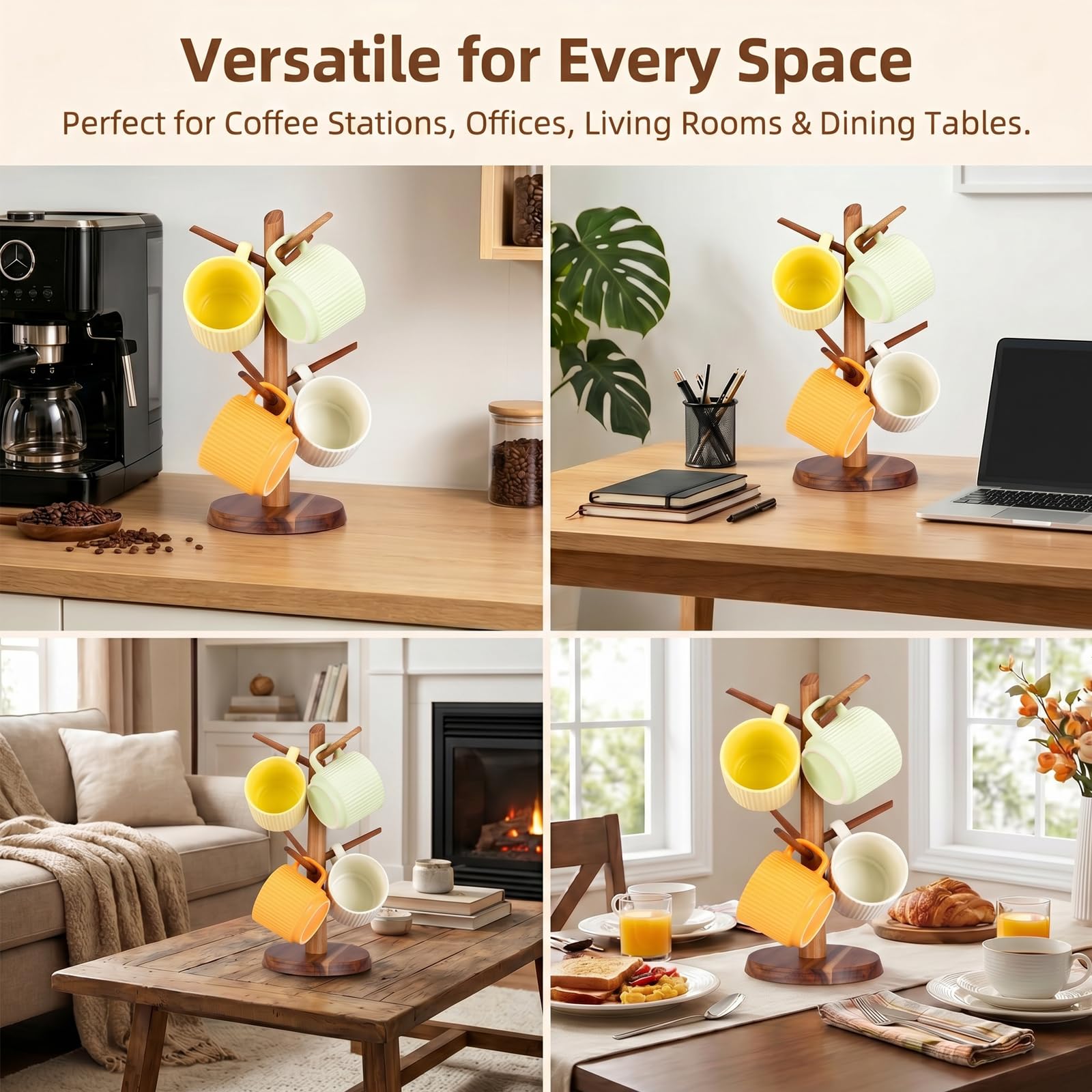 E-ROOM TREND Coffee Mug Holder Countertop Natural Acacia Wood Mug Tree, Wooden Mug Organizer with 6 Hooks for Kitchen Coffee Bar, Easy to Assemble, Ideal for Small to Medium Mugs