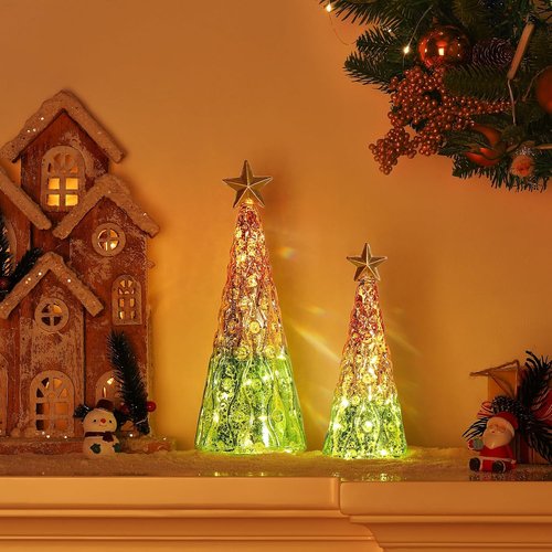 Lewondr Glass Christmas Trees - 2 PCS Tabletop Mercury Trees with Built-In Lights | Green & Gold Decor