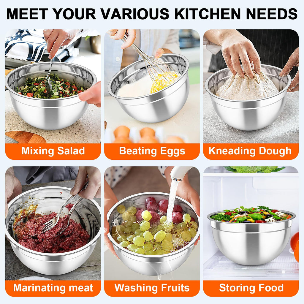 TeamFar Mixing Bowls with Airtight Lids, 5PCS Stainless Steel Metal Salad Bowl with 3 Grater Attachments, for Cooking, Prepping, Serving, Healthy & Easy Clean - 0.7/1/1.5/2.6/4.6QT, Black