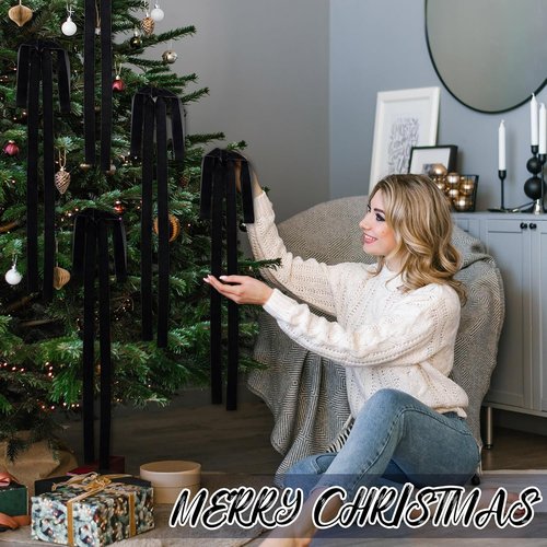 Janinka Black Velvet Ribbon Bows - 6 Pcs Rustic Christmas Tree Decorations | Large 23.5x15.5 Inch Ornaments