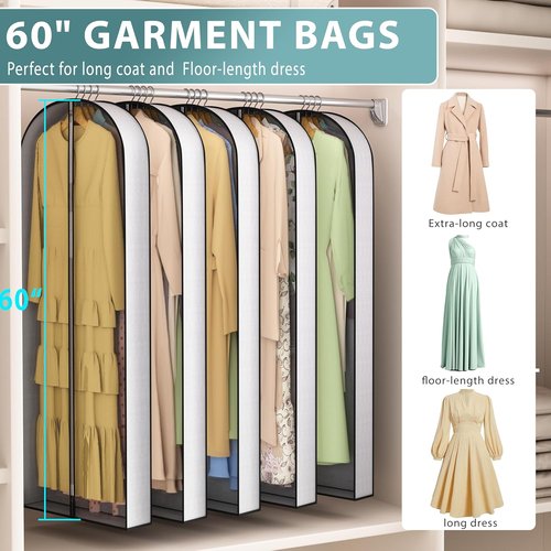 Liuoud 60” Garment Bags - Breathable Fabric with Clear Window & Metal Zipper | 5 Pack for Suit & Dress Storage