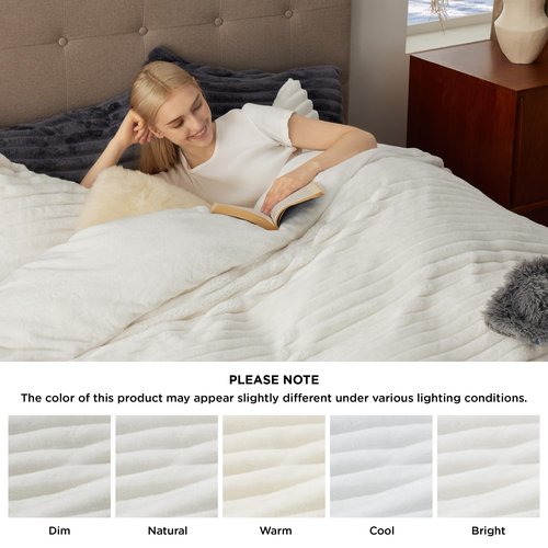 Bedsure Fluffy Duvet Cover Set - Ultra Soft Plush Shaggy Comforter Cover Queen Size, Warm Flannel Fleece Bed Sets for Winter, 3 Pieces (Striped Pattern, Coconut White)