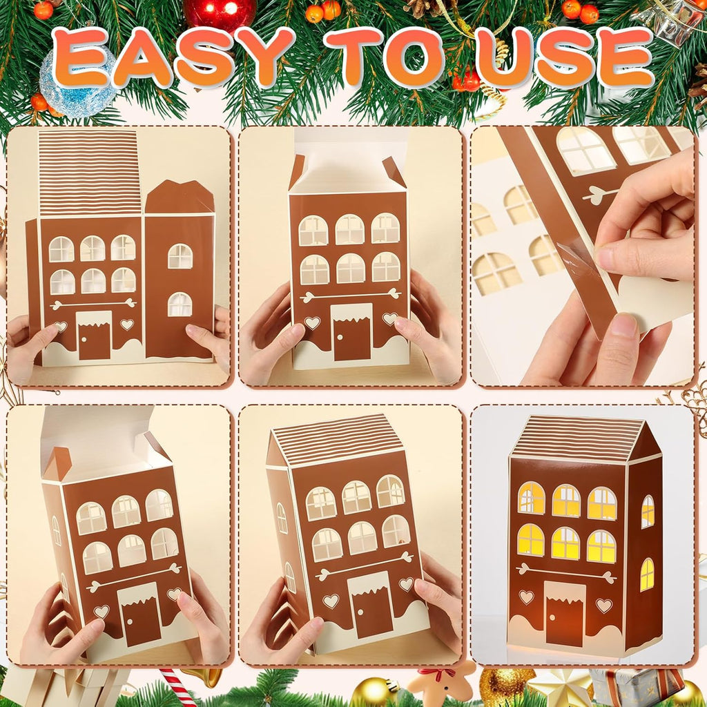 Reallnaive 20 Pcs Large 8" Christmas Cardboard Village Houses Set - DIY LED Candle Decor for Home & Party (Gingerbread, Brown)