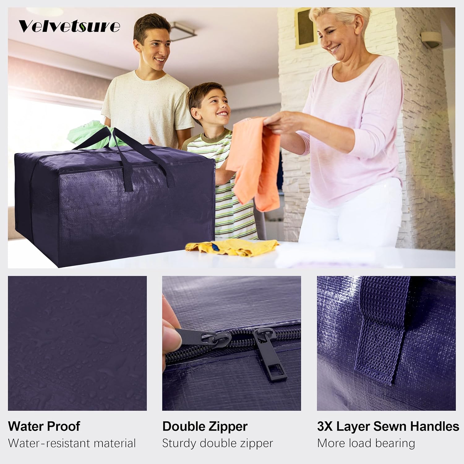 VELVETSURE Extra Large Heavy Duty Moving Bags - Durable Storage Totes with Backpack Straps & Zippers | Set of 6, Blue