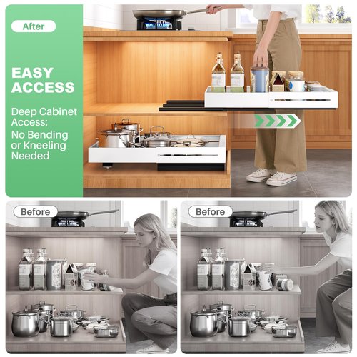 2 Pack Pull out Cabinet Organizer, Expandable Width(14"-24"), Depth(13"-24") with 3 Rails, Slide Out Drawers With Raising Pad for Framed Cabinets, with Adhesive Film for Cabinets in Kitchen, White