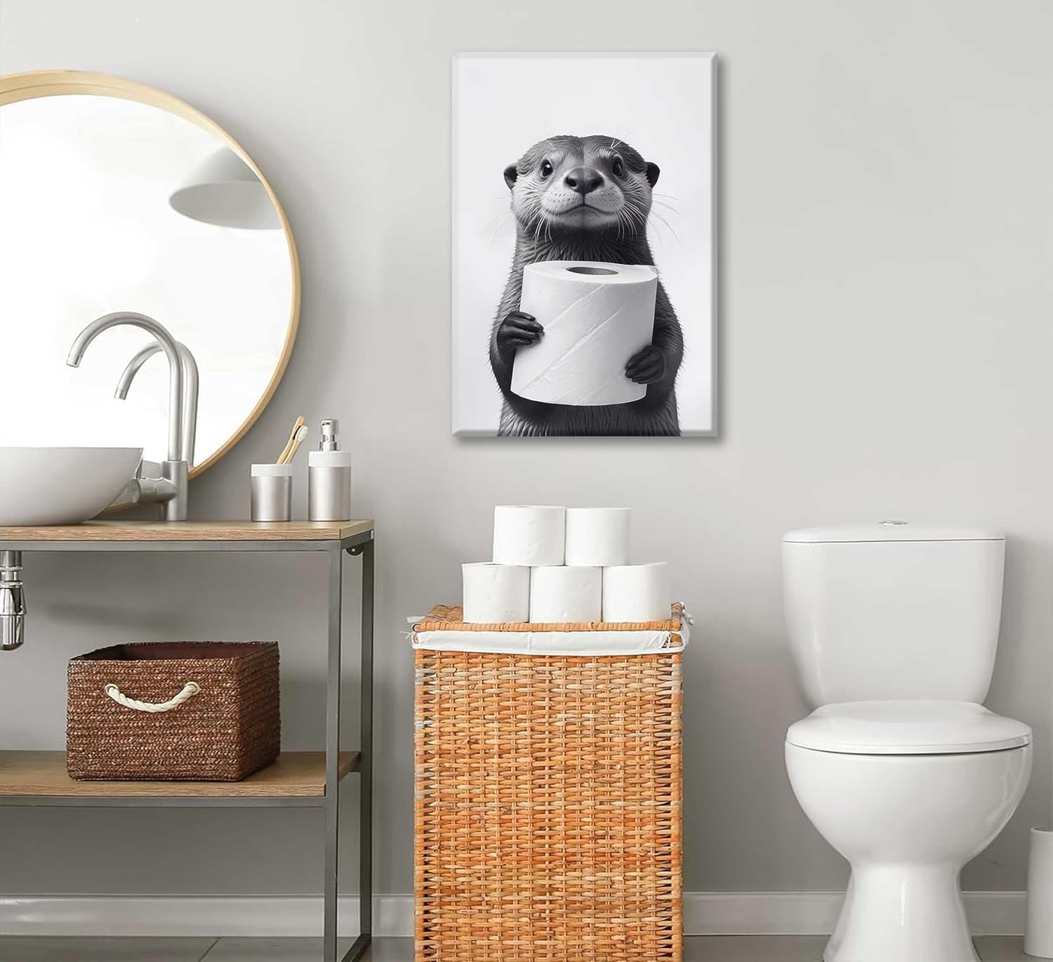 Regine Switzerland Funny Raccoon Canvas Wall Art - Black & White Farmhouse Bathroom Decor