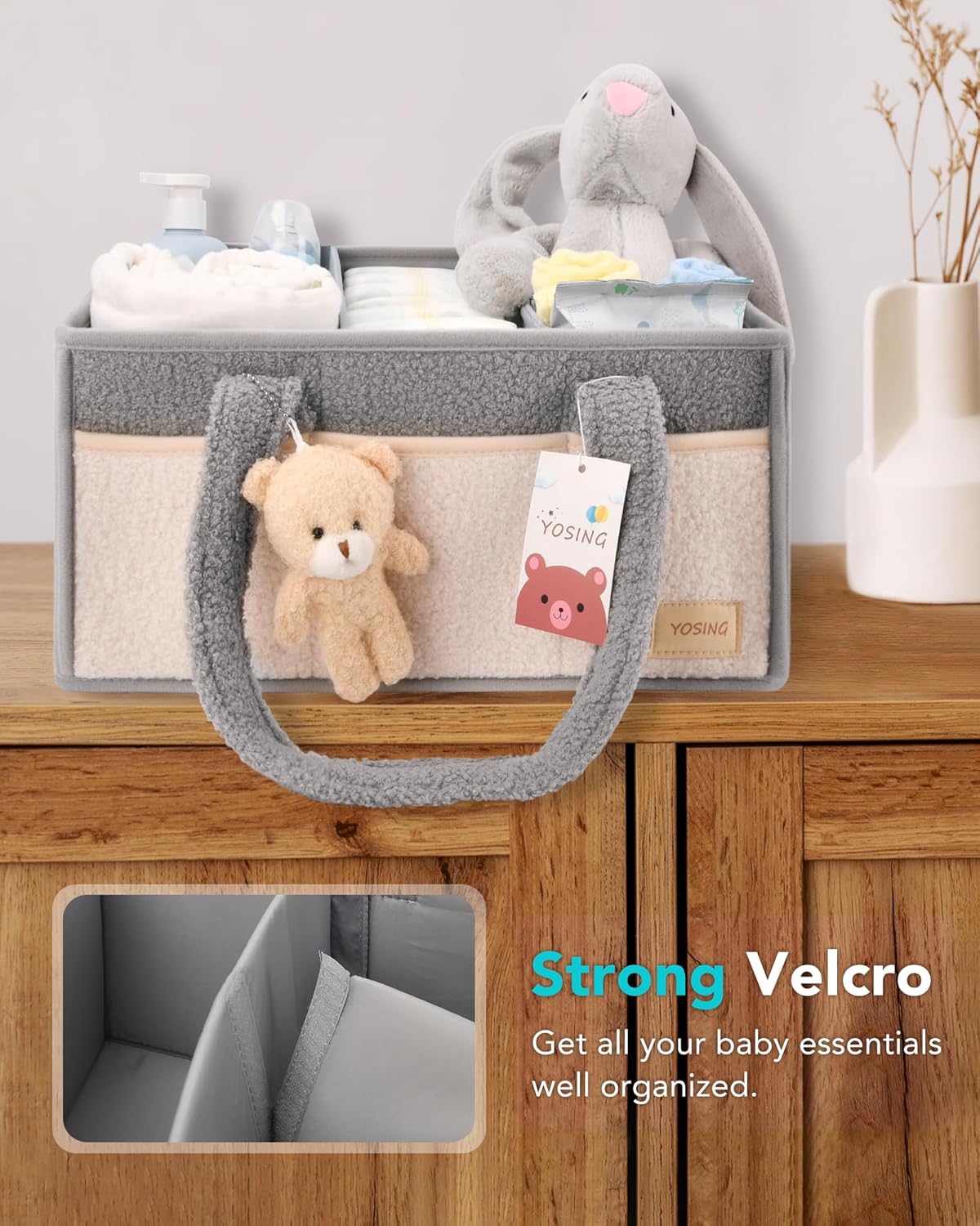 YOSING Diaper Caddy Organizer - Versatile Nursery Storage & Car Travel Solution | Gray & White