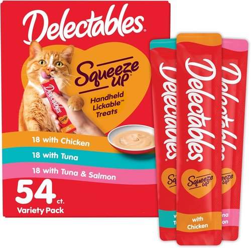 Delectables Squeeze Up Cat Treats - Creamy Lickable Puree Variety Pack | Grain-Free, 54 Tubes, 0.5 Oz Each