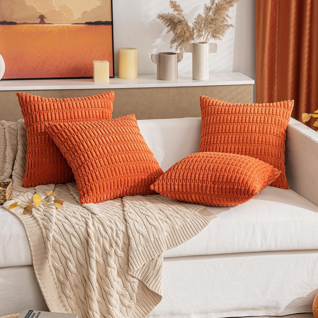 MIULEE Decorative Pillow Covers - Soft Orange Corduroy | Pack of 2, 18x18 Inch, Boho Striped Design for Home Decor