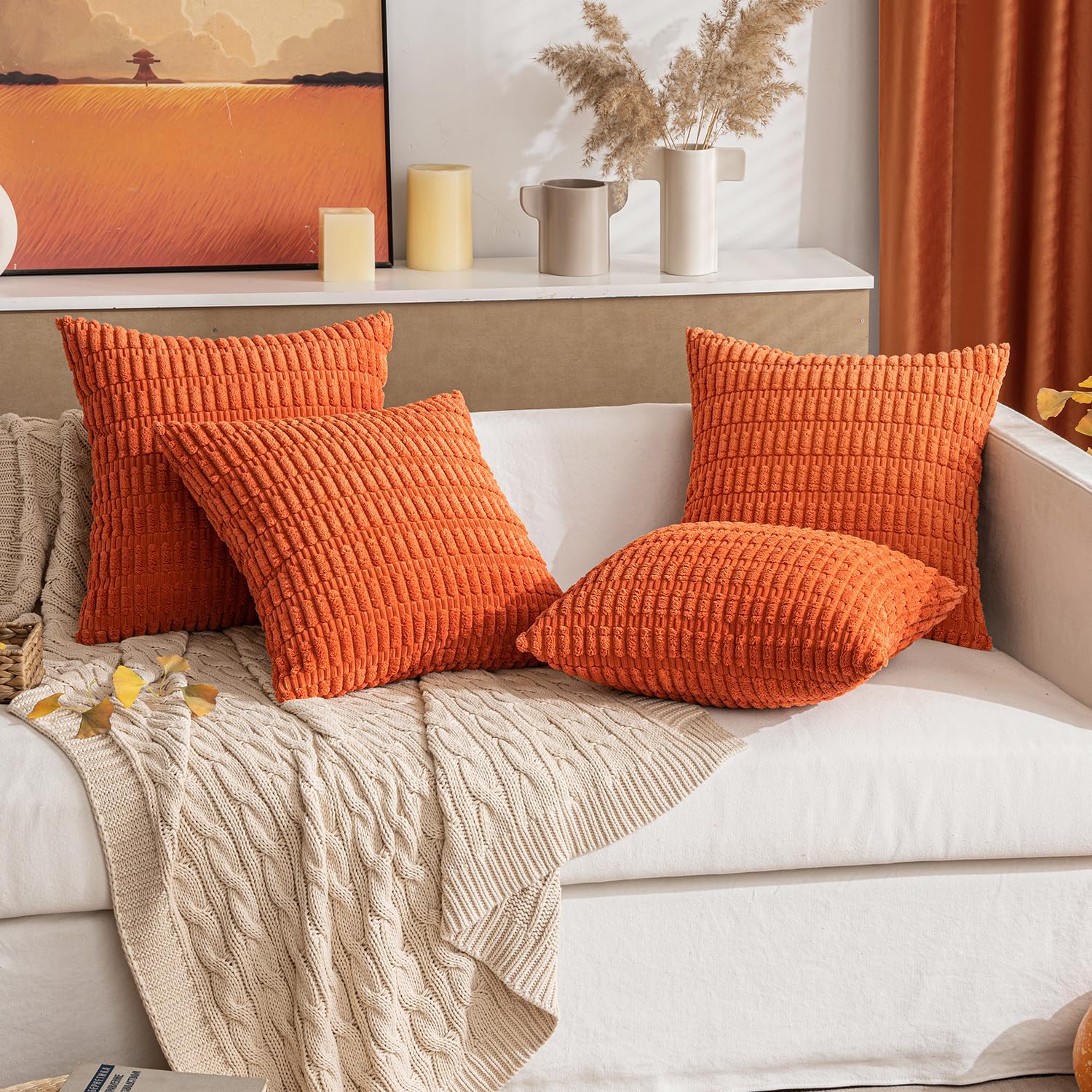MIULEE Decorative Pillow Covers - Soft Orange Corduroy | Pack of 2, 18x18 Inch, Boho Striped Design for Home Decor