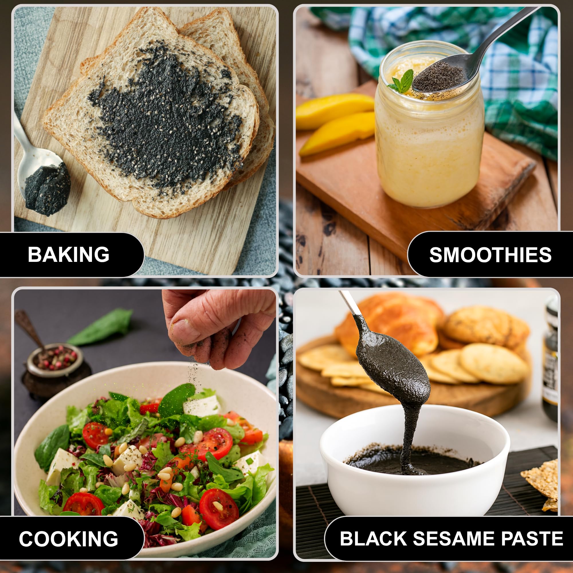 BOTAMONY Black Sesame Powder 12.3oz, Vegan Gluten-Free Non-GMO, Plant Protein & Fiber, Rich Minerals Nutty Flavor, Finely Ground Roasted Seeds for Smoothies Baking Recipes