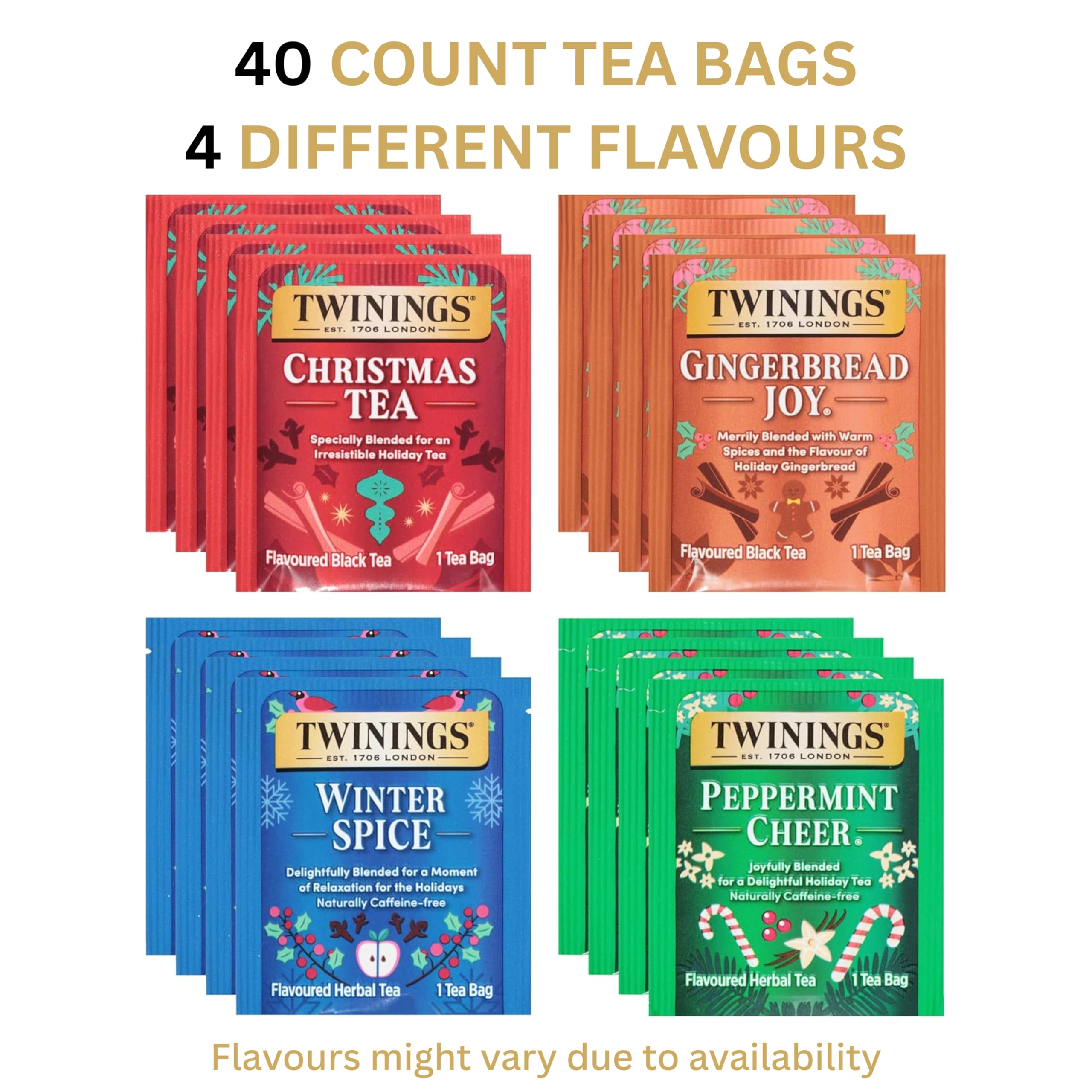 Twinings Christmas Holiday Variety Tea Bag Pack (40 Count) 4 Flavours Include Christmas Tea, Winter Spice, Gingerbread Joy, Peppermint Cheer, Seasonal Gift for Her, Him, Family, Friends