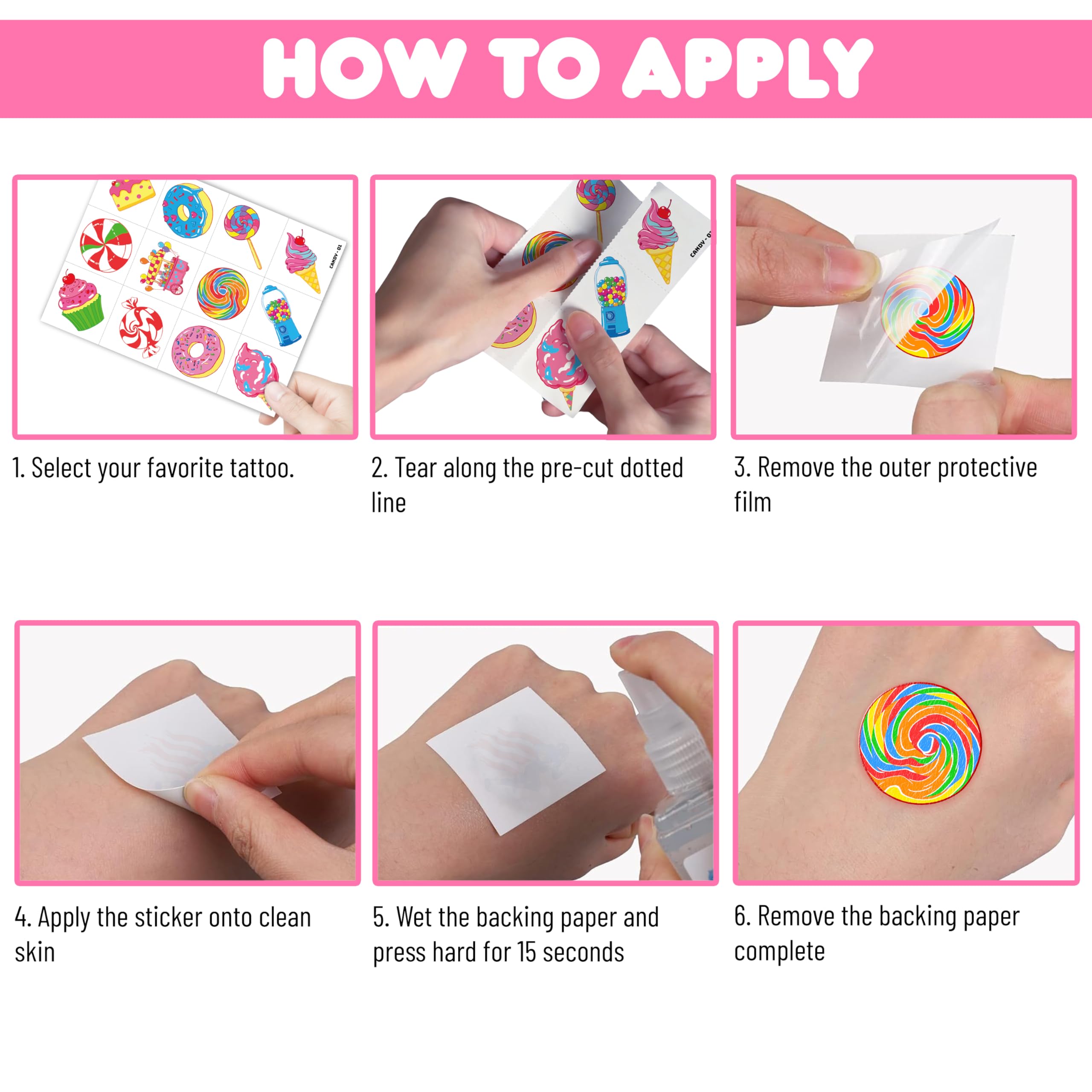 96 PCS Pre-Cut Candy Temporary Tattoos for Kids Birthday Party Favors