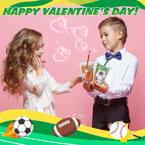 PaLeyFer 30 Pack-210+ Piece Sports Stationery Gift Set, Valentines Day Gifts Cards for Kids Classroom Exchange Prize, Valentine's Sports Party Favors with Cards Cups Pencils Rulers Stickers Erasers