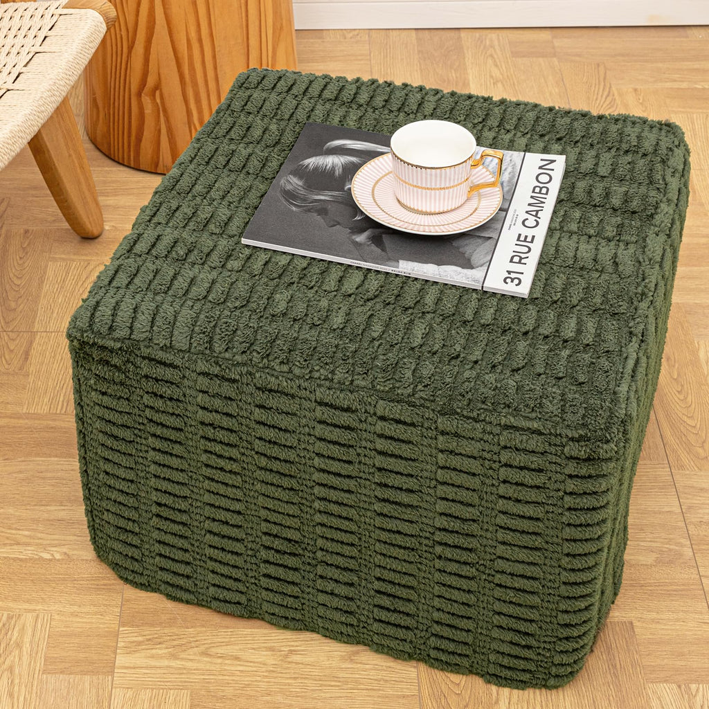 Poofieotto 20x20x14 Inches Fluffy Square Pouf Ottoman - Plush Furry Boneless Ottoman Foot Rest Stool with High-Density Foam, Versatile Floor Seating for Living Room (Green)