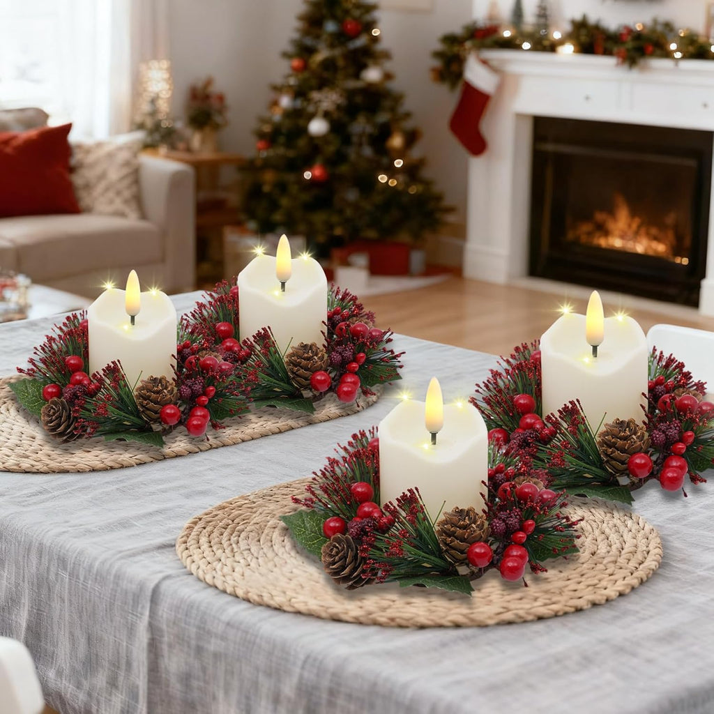 Regine Switzerland Candle Rings Set of 4 - Festive Wreaths with Red Berries & Pinecones for Holiday Decor