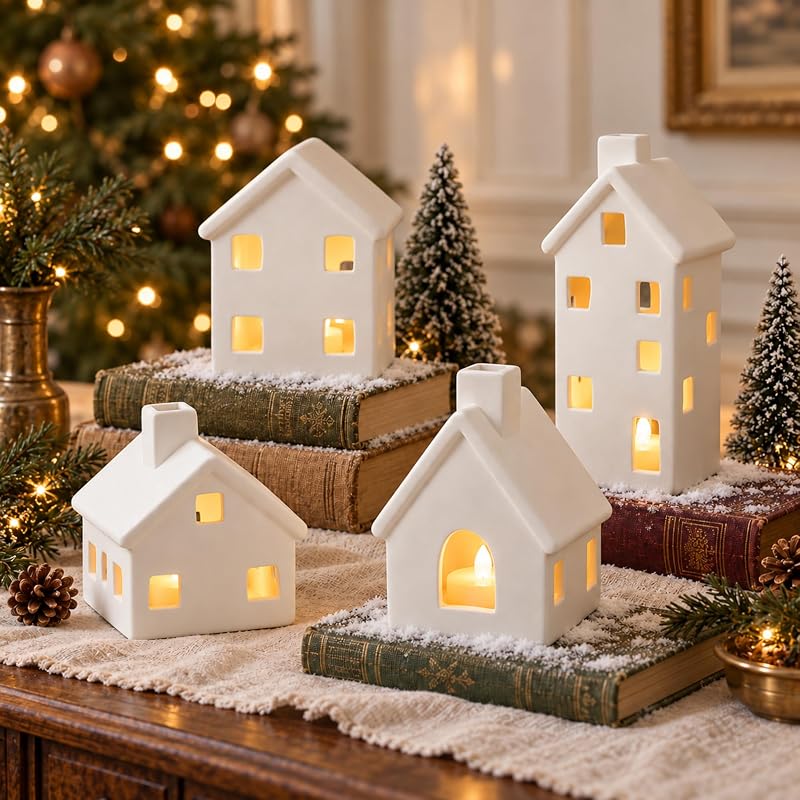 Ceramic Christmas Village Houses Set, 4 Piece Mantel Display