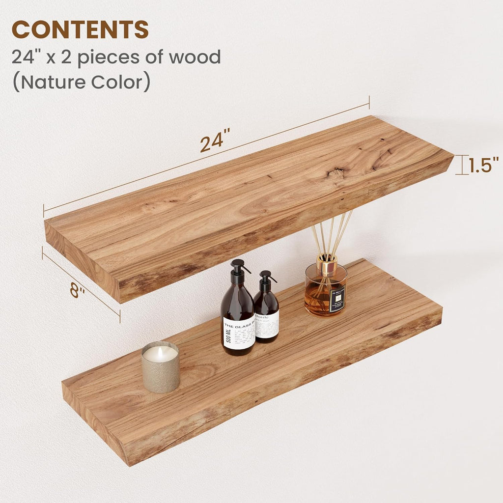 Rustic Solid Elm Wood Floating Shelves by [Brand Name] - Live Edge Wall Mounted Design | Set of 2, 24 Inch, Natural Finish