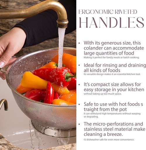 Bellemain Micro-Perforated Stainless Steel Colander - Dishwasher Safe, 3 QT & 5 QT Sizes