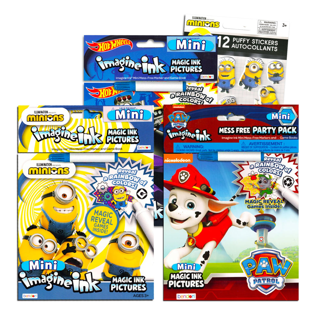 Imagine Ink Coloring Book Bundle Including 3 No Mess Magic Ink Activity Books Featuring Hot Wheels, Paw Patrol, and Despicable Me Minions and Stickers